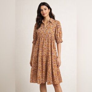 Fox & Hen Block-Printed Cotton Tiered Vibrant Patterned Midi Dress size XS